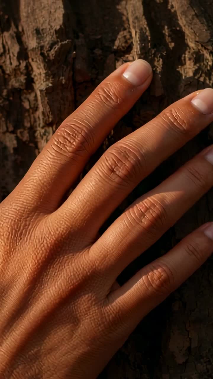 Vertical video: Pressing left hand against tree bark, making fingertip shifts while feeling texture