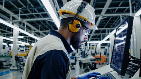 low-angle video shot of a factory worker in safety gear, focused on a computer screen