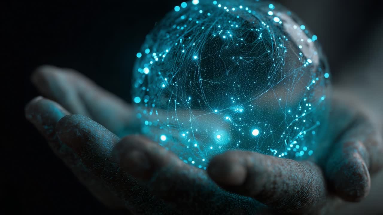 An Illuminated Sphere Held Gently in a Hand, Symbolizing Connection and the Mysteries of the Universe Through Glimmering Blue Light and Intricate Patterns