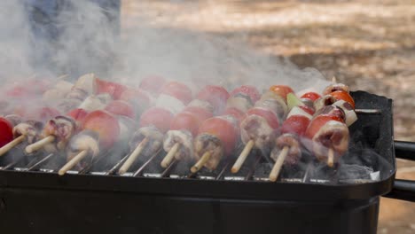 cinemagraph de humo emitido por cocinar corazones de pollo con tomate y cebolla en una parrilla de barbacoa caliente