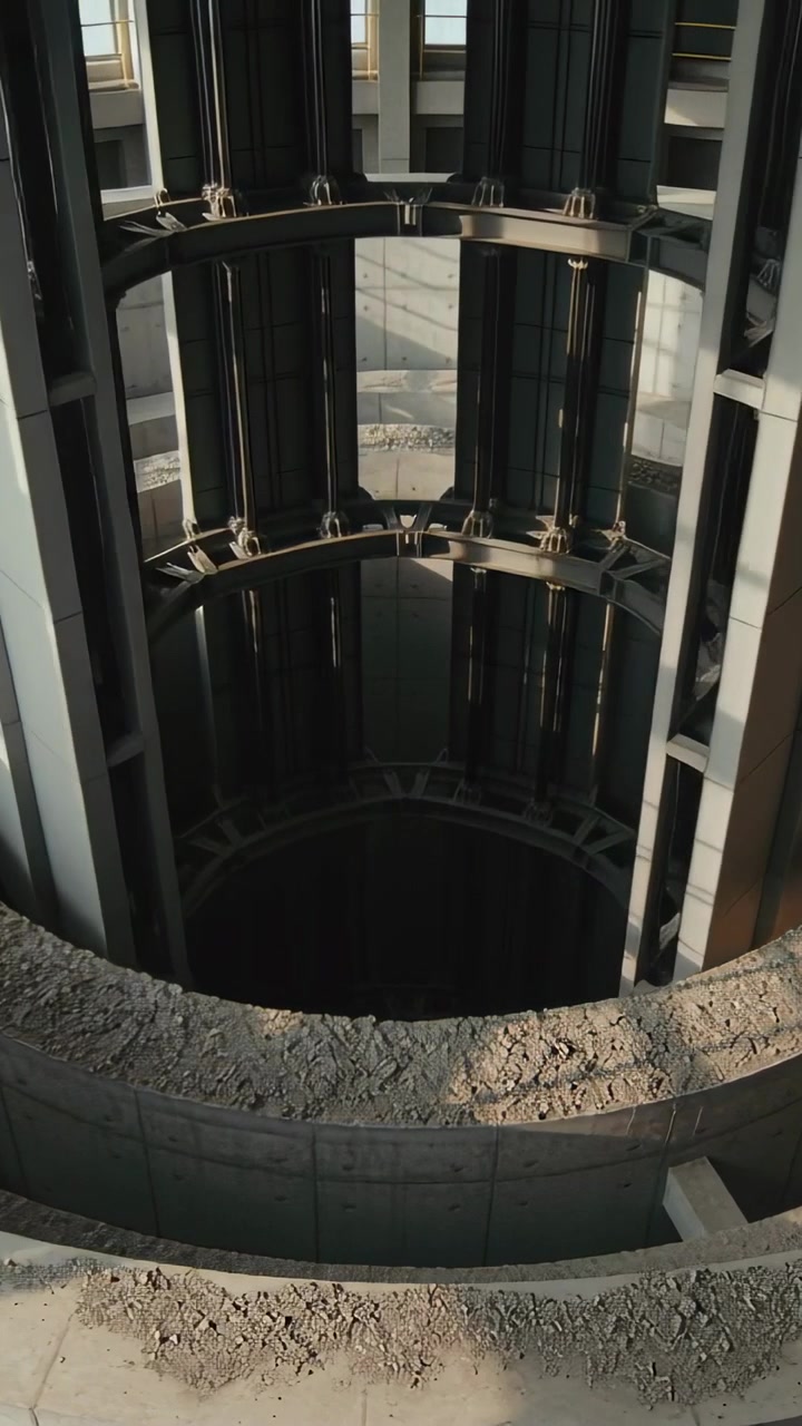 Vídeo vertical: Câmera inclinando-se para revelar um poço profundo no átrio, mostrando anéis de metal internos e cascalho