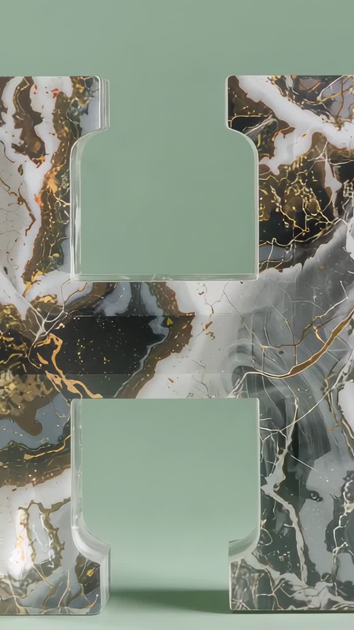 Vertical video: Emerging green panel rising through marble H sculpture on sage-green backdrop