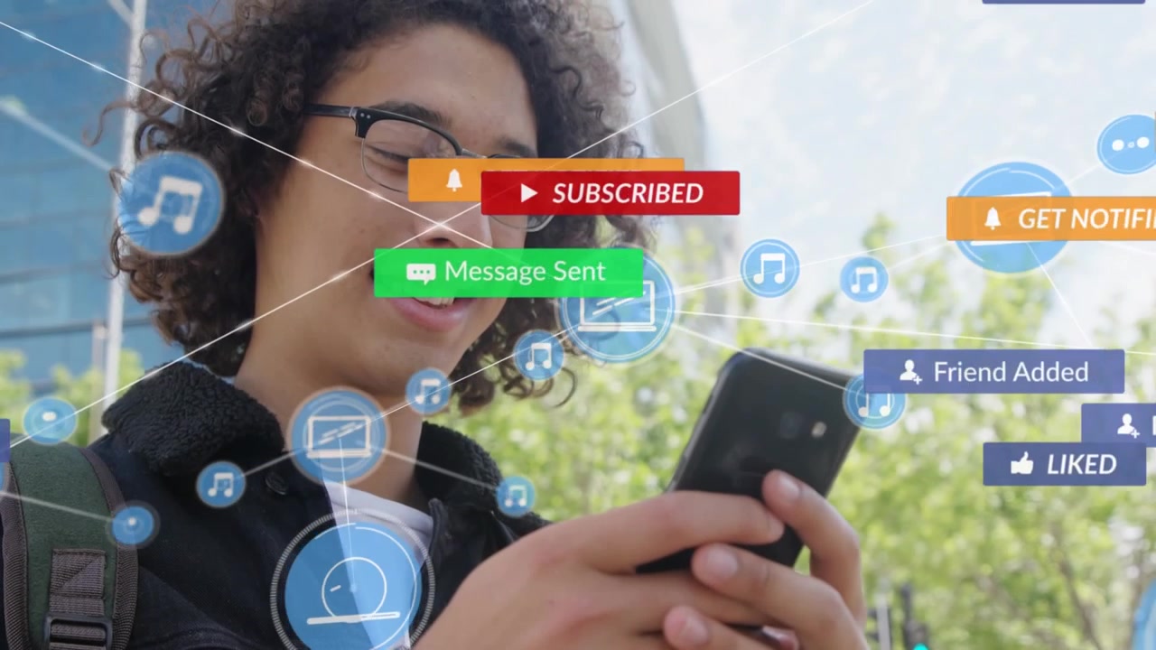 Animation of network of connections and social media icons over man using smartphone