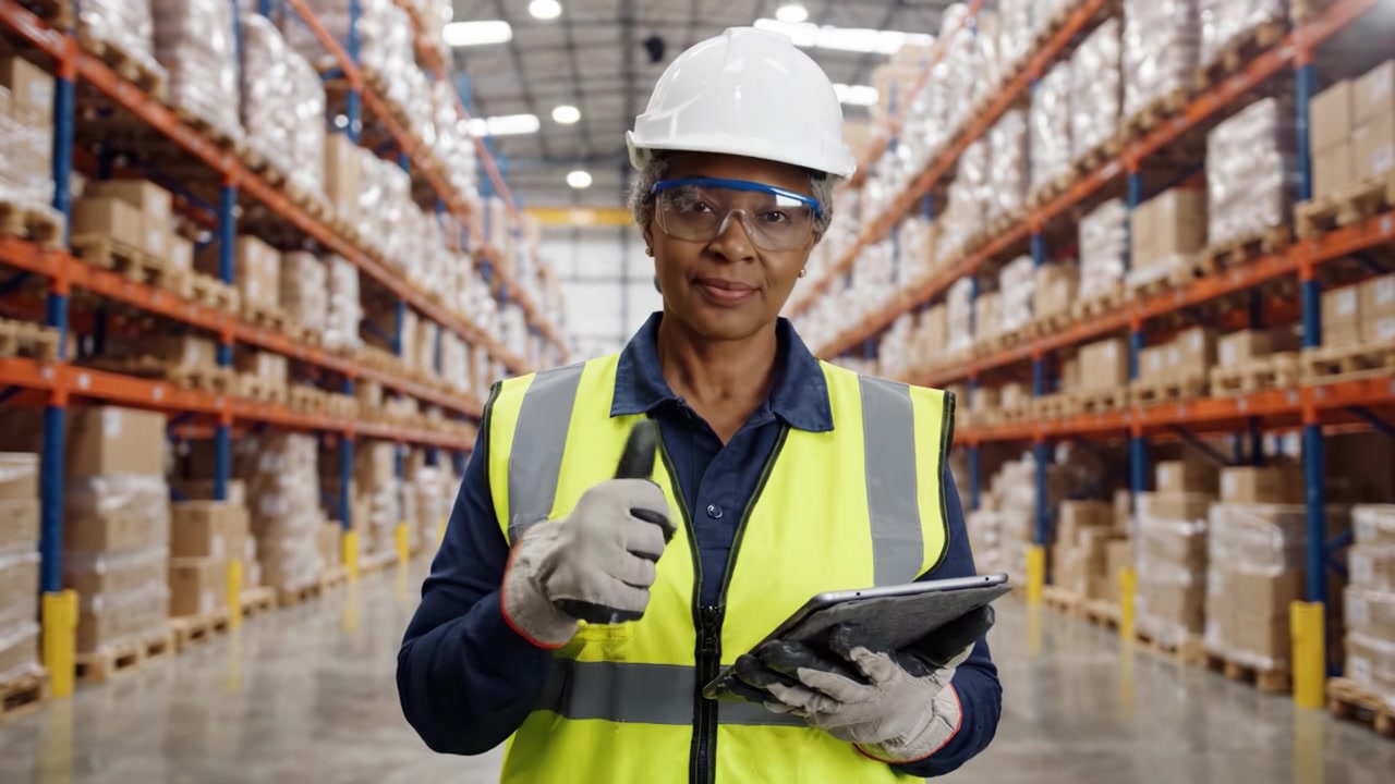 Un addetto al magazzino si erge con sicurezza in un centro di distribuzione ben organizzato, mostrando un dispositivo digitale mentre indossa equipaggiamento di sicurezza, simboleggiando produttività e lavoro di squadra.