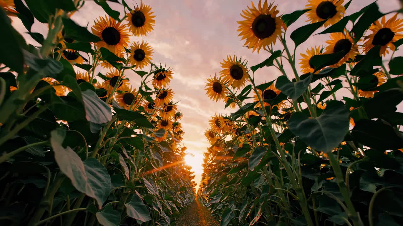 Low-angle video shot of a sunflower field at sunset, capturing vibrant colors and dramatic lighting