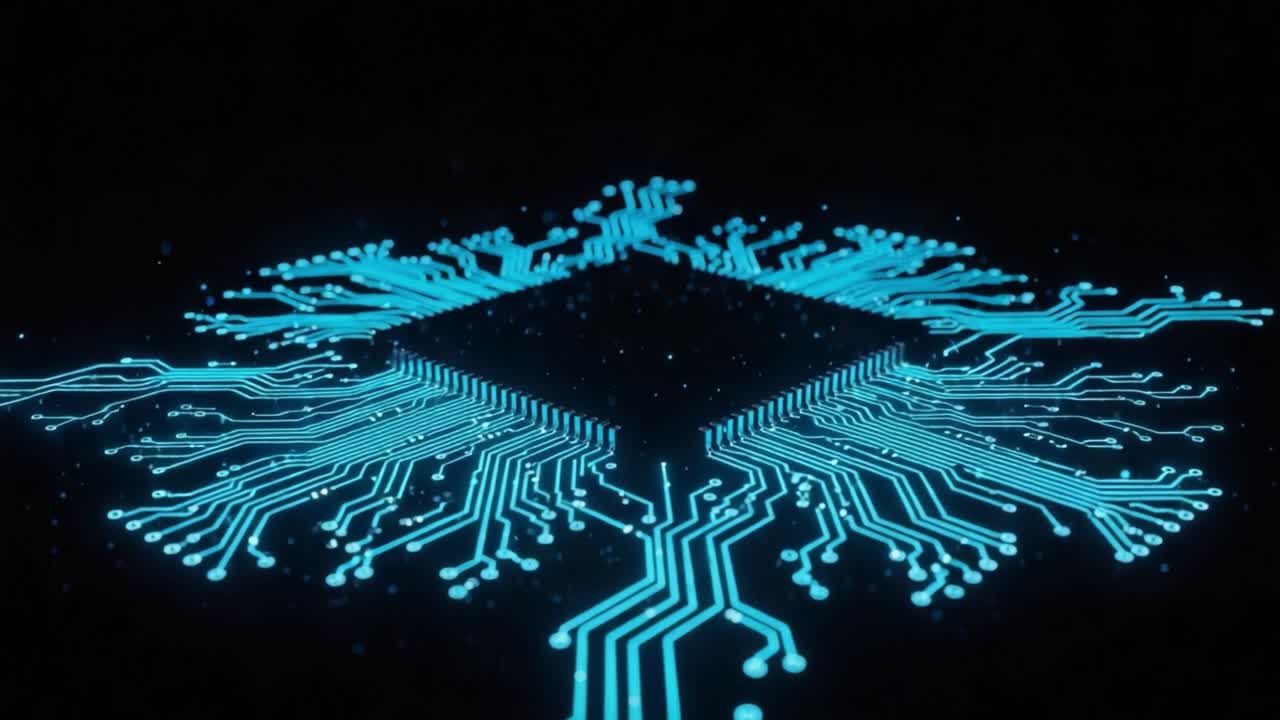 An intricate display of a microchip with vibrant blue circuitry illuminated against a dark background, showcasing technology and electronic design aesthetics