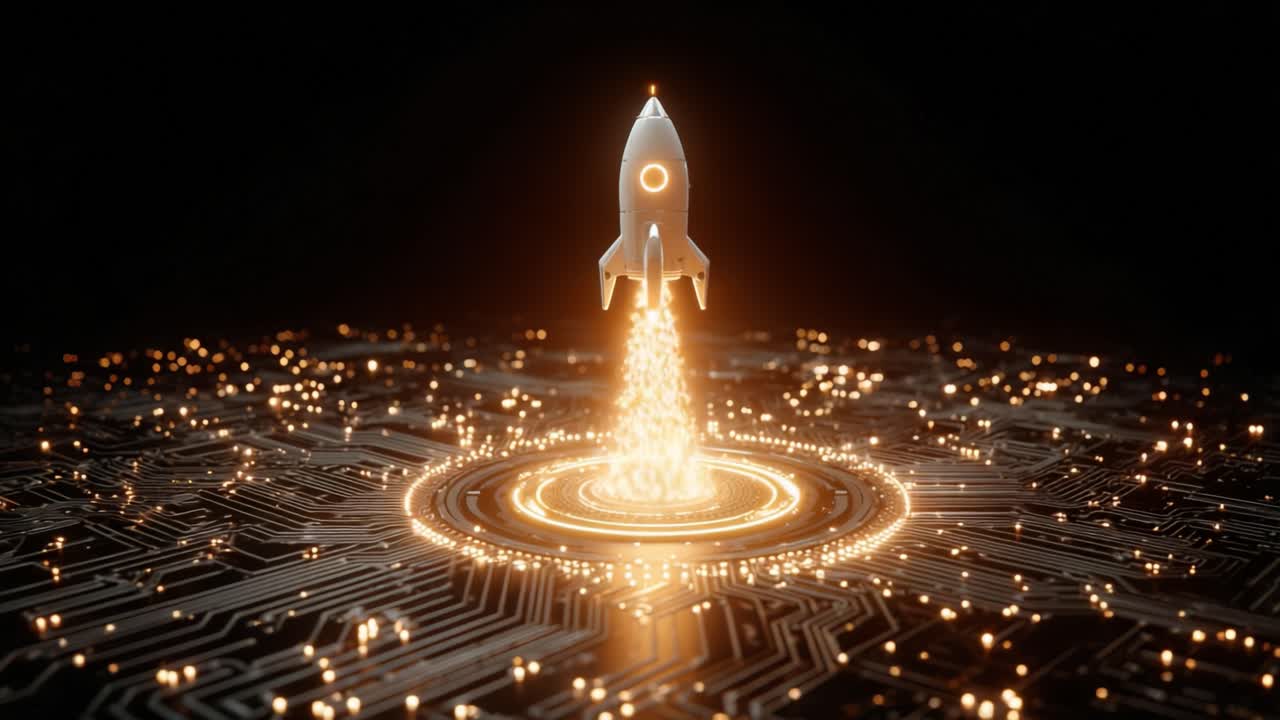 Technology startup concept with a rocket taking off from a glowing futuristic circuit board. Bright fiery particles represent the engine's powerful thrust against a dark technological background