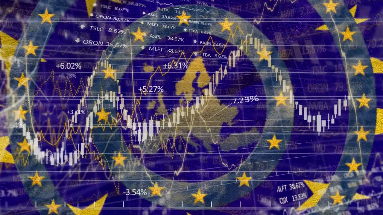 금융 데이터 처리 및 eu 지도에 대한 움직이는 파란색 원에 있는 노란색 별