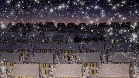 animation of santa claus in sleigh with reindeer over snow falling on winter town