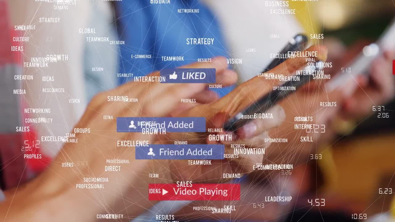 animación de la red de conexiones y textos sobre diversas personas que utilizan teléfonos inteligentes