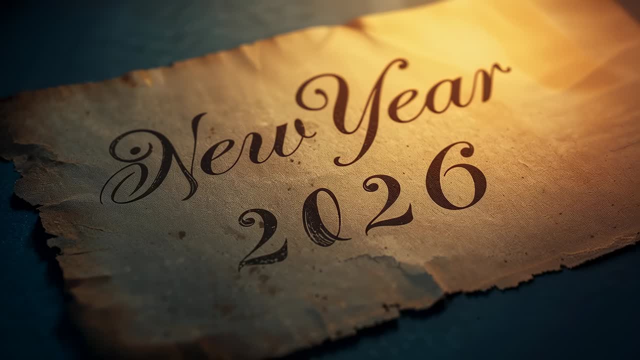 Luce calda e intensa che illumina una pergamena antica e strappata su un tavolo blu scuro, con la scritta Capodanno 2026