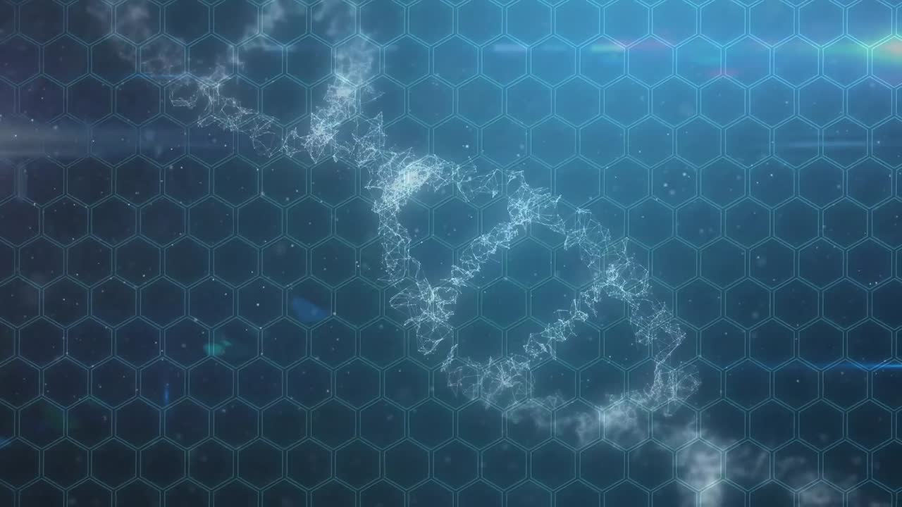 Animation of a dna strain made of connections spinning over a grid