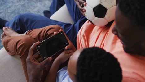 African-american-father-and-son-using-smartphone-with-copy-space-while-sitting-on-the-couch-at-home