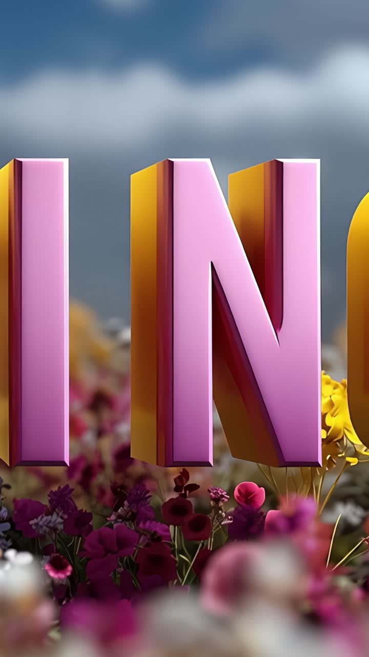 Un vivace allestimento floreale con lettere stilizzate che formano una composizione colorata e accattivante tra fiori selvatici in fiore in un ambiente esterno soleggiato.