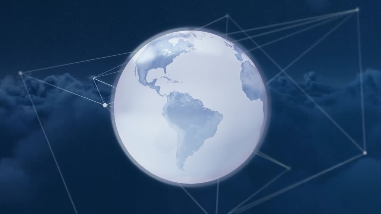 animación del globo y los puntos conectados sobre vista aérea de nubes densas en el cielo