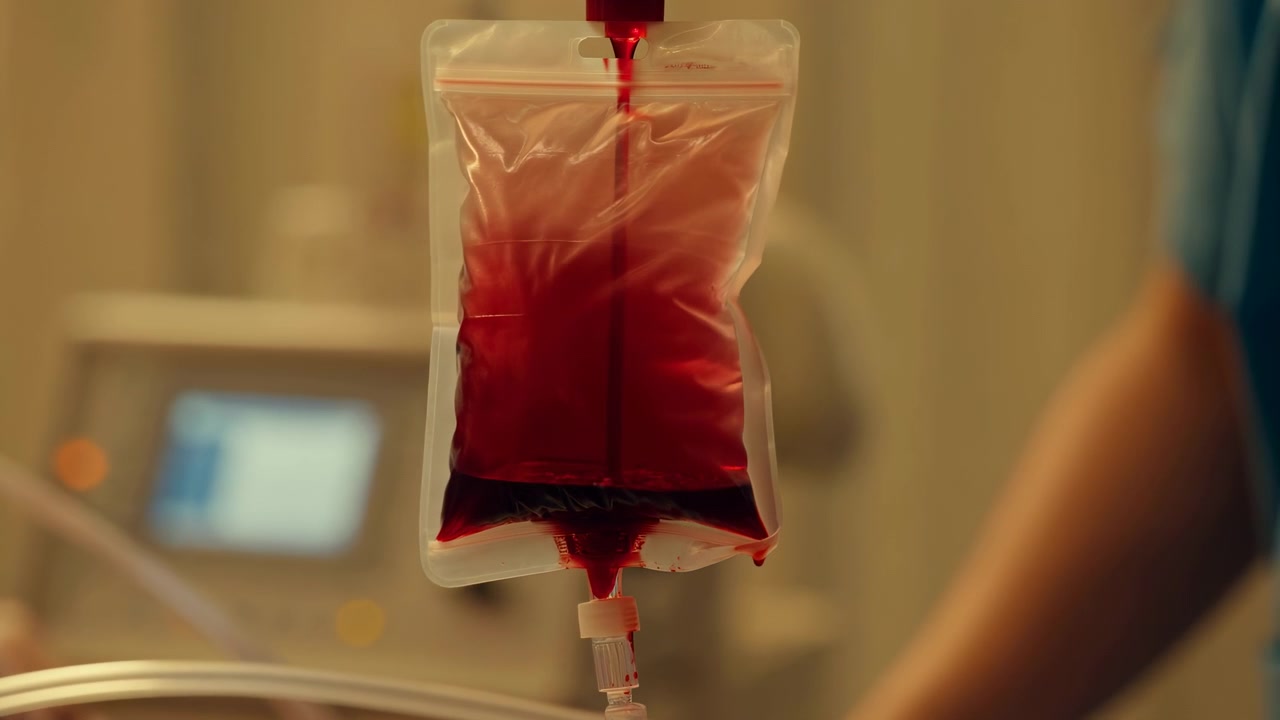 Sacche di sangue che gocciolano, in un ambiente medico, con sacche di sangue, attrezzature mediche, con texture di tubi in plastica e gomma, da una prospettiva ravvicinata, con accenti rossi e trasparenti, e un'atmosfera clinica sterile.