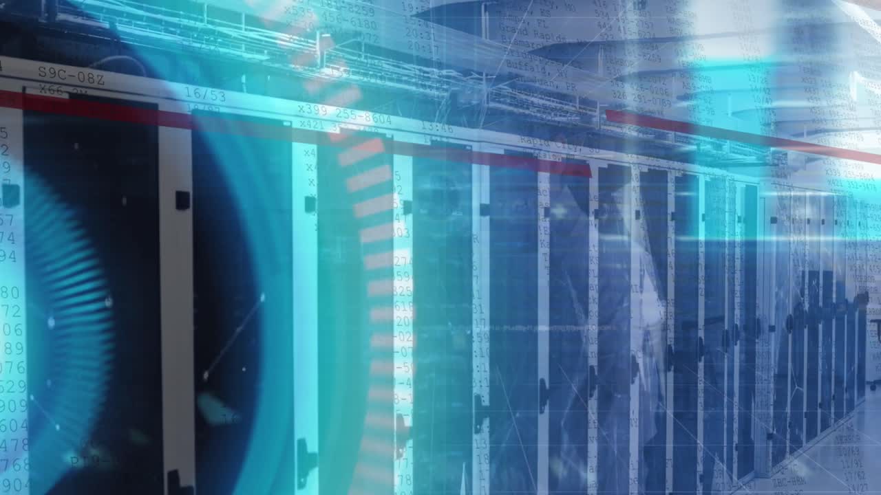 데이터와 백인 사람들이 서버를 통해 전선을 확인하는 디지털 화면의 애니메이션