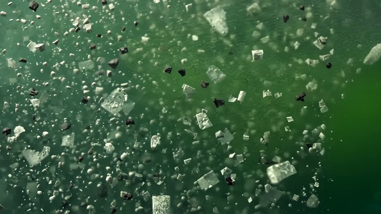 Drifting cube-shaped particles moving outward in green fluid by currents, forming clear pockets