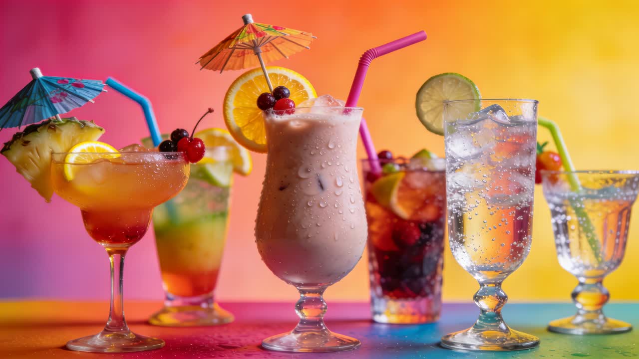 Telecamera che zooma su un cocktail shake spumoso centrale con una fetta d'arancia sul tavolo, mostrando una promozione.