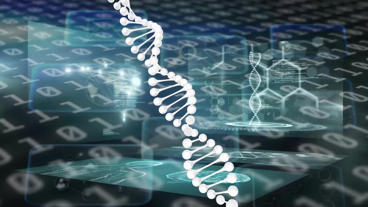 Dna structure spinning over screens on medical data processing against binary coding