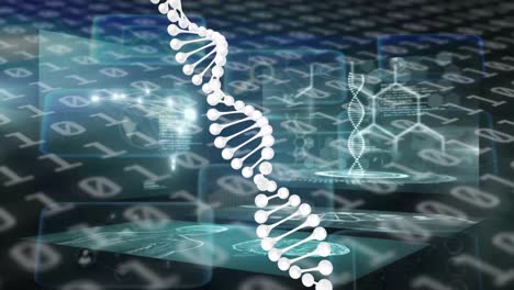 Dna-structure-spinning-over-screens-on-medical-data-processing-against-binary-coding