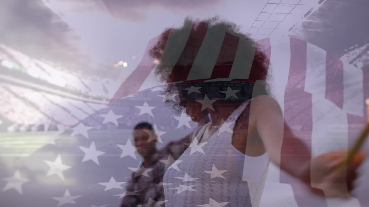 해변에서 즐겁게 지내는 친구 그룹 위에 미국  ⁇ 발을 흔드는 애니메이션