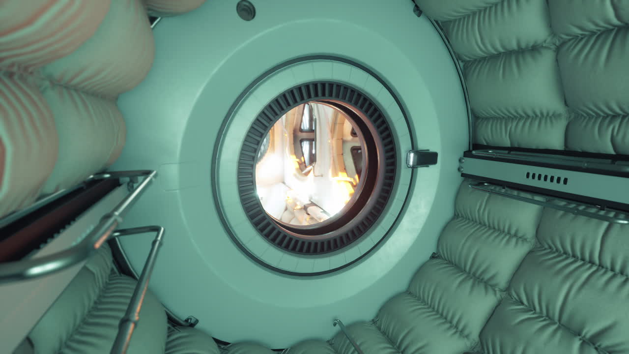Inside a futuristic space station with a circular window and plush seating