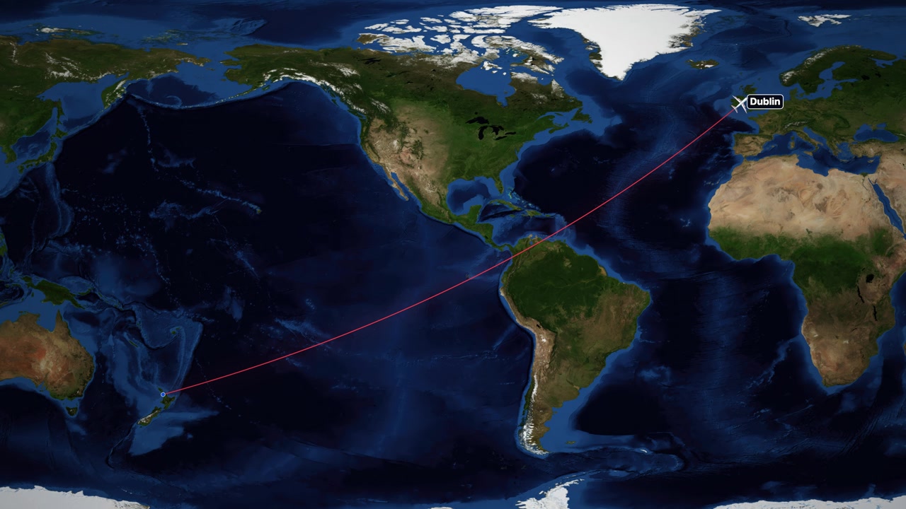 Animated airplane travels across global satellite map from New Zealand to Ireland along red path