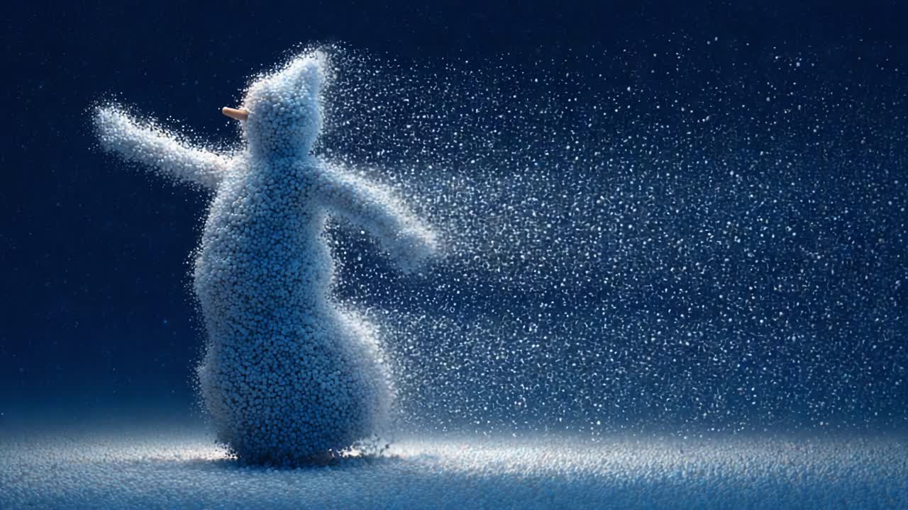 A captivating snowman figure joyfully disperses shimmering snowflakes in a mesmerizing winter scene, creating a magical atmosphere filled with enchantment and delight