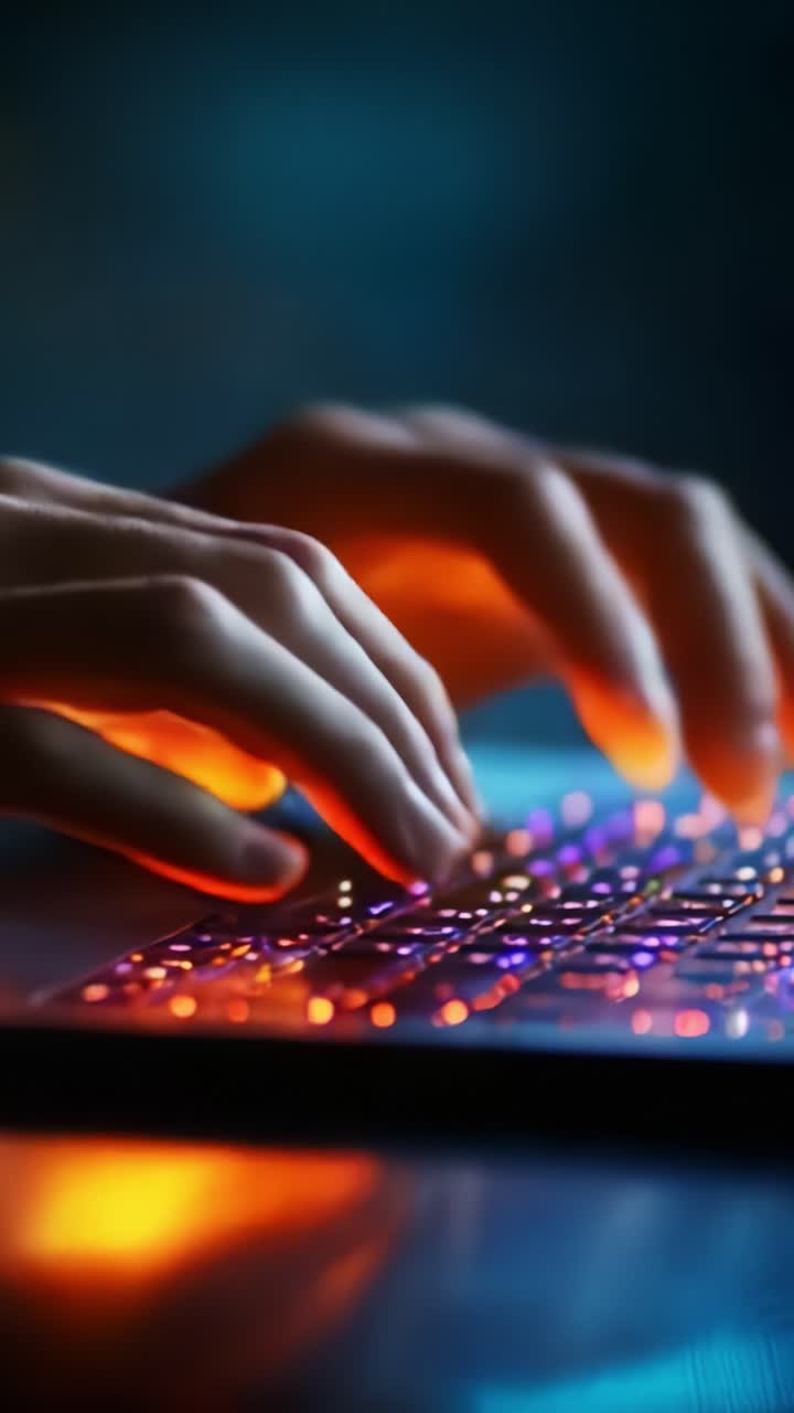 Oplyst tastaturskrivning: Fængslende nærbillede af hænder på et lyst tastatur i et blødt oplyst miljø med fokus på bevægelsen og det farverige skær fra tasterne