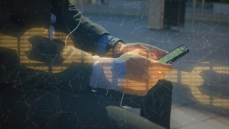 Digital security chain and network of connections against person using smartphone