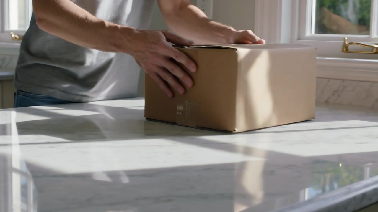 Placing taped cardboard box, man in gray tee, jeans steadying, preparing to open on kitchen counter