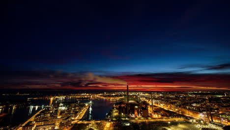 time lapse of a vivid sunset turning into night above the helsinki skyline