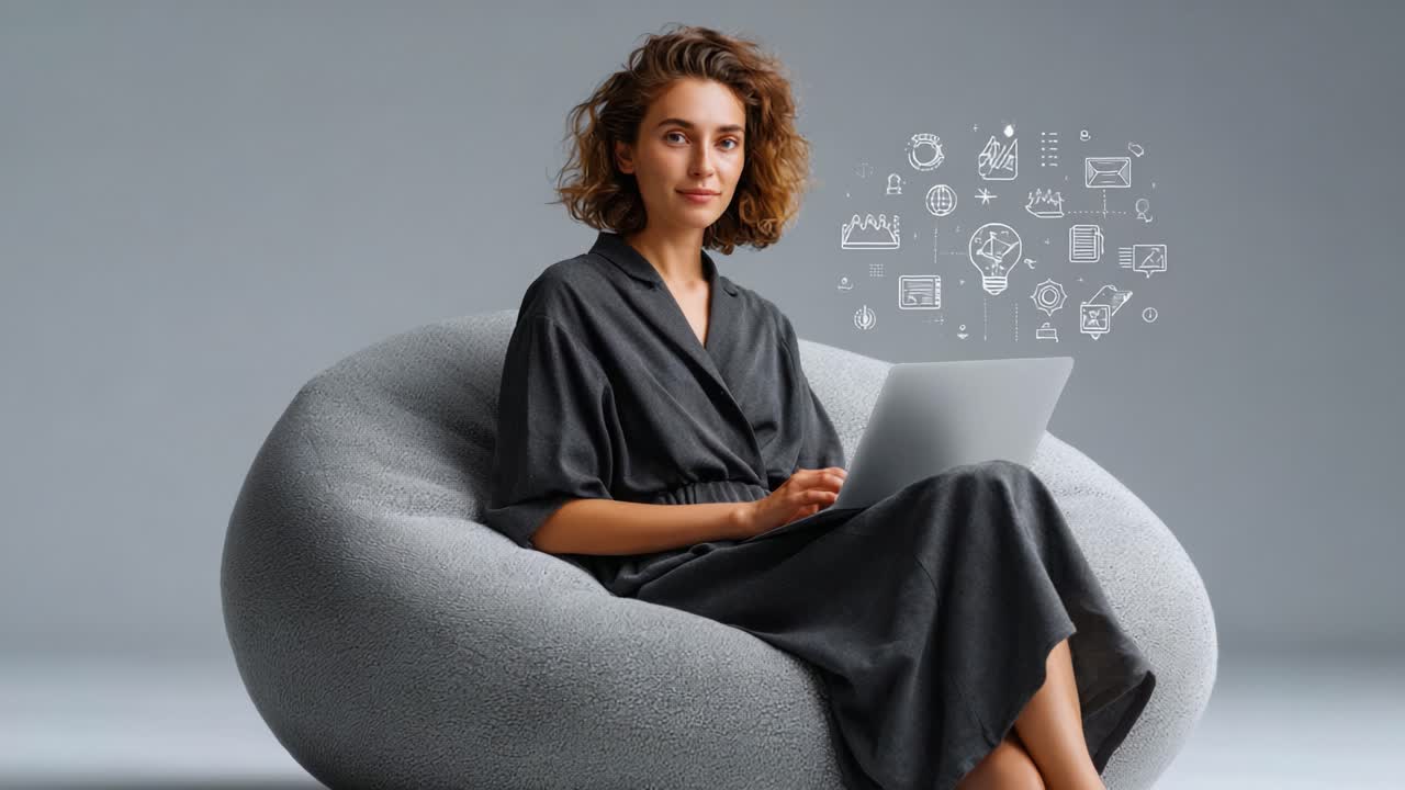 A Woman in a Stylish Robe Sits Comfortably on a Bean Bag Chair, Engaged with Her Laptop in a Modern, Minimalist Environment, Surrounded by Illustrative Digital Icons