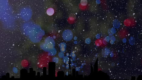animation of christmas glowing spots of light and snow falling over cityscape