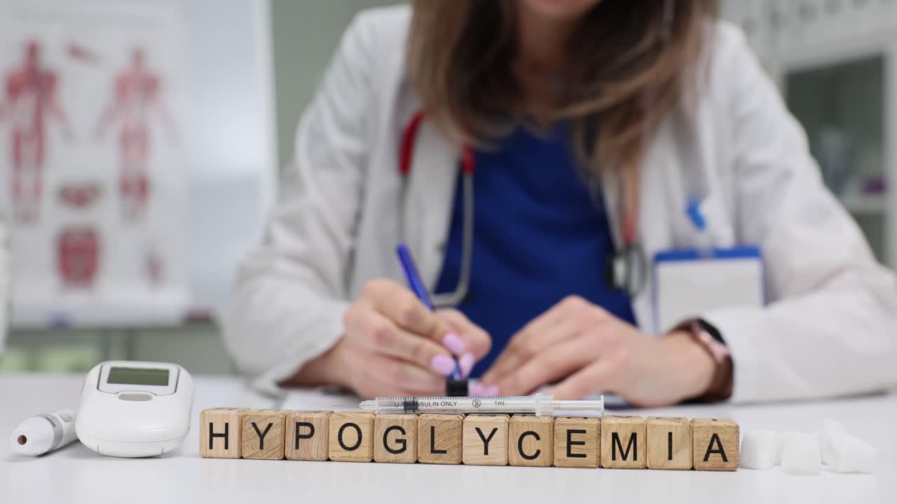 La parola 'Ipoglicemia' sulla scrivania con un medico che scrive sullo sfondo