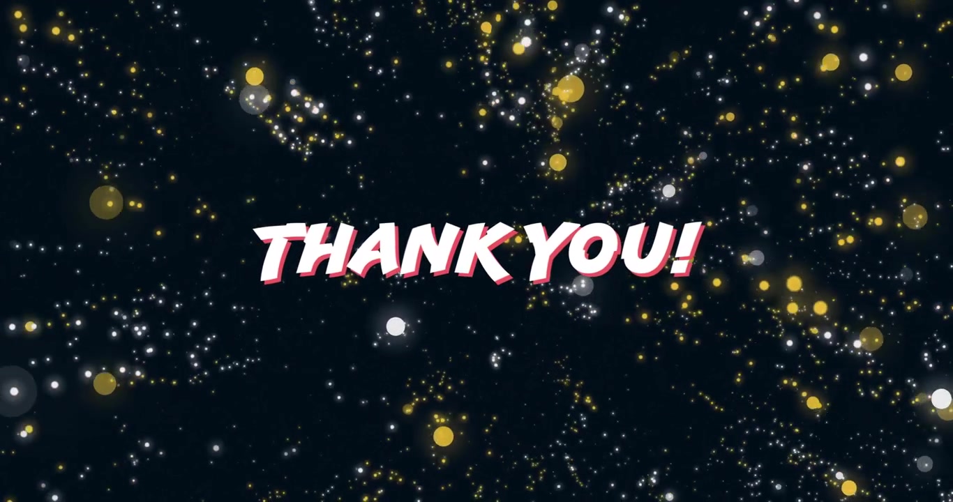 GRAZIE! Testo in zoom dopo il conto alla rovescia con particelle pulsanti che esprimono gratitudine