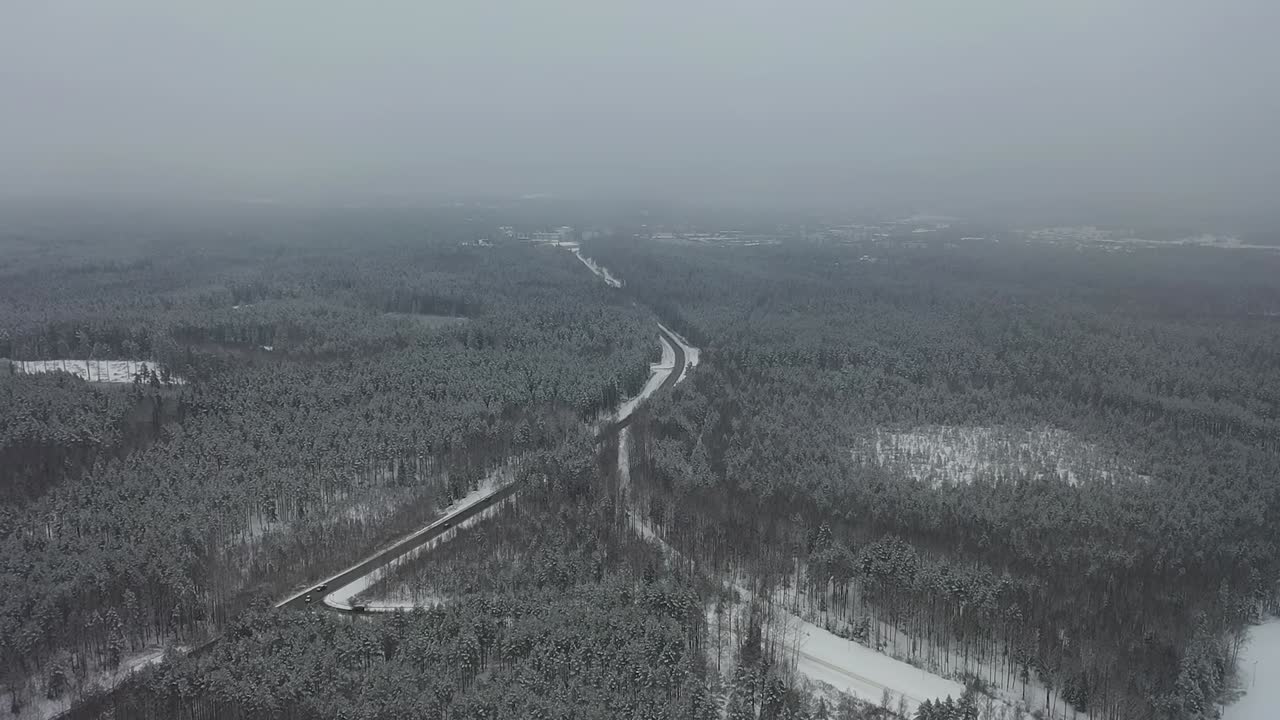 Drone flying fog weather above snowy trees with cloudy skies
