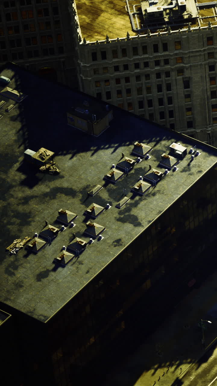 View of rooftops in a city with structures and shadows during daytime