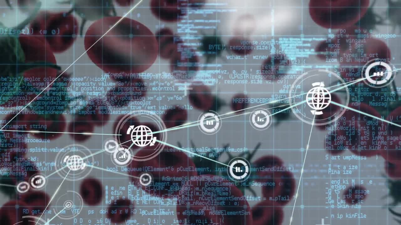 red de iconos digitales sobre red de rejilla contra múltiples células de covid-19 en fondo blanco