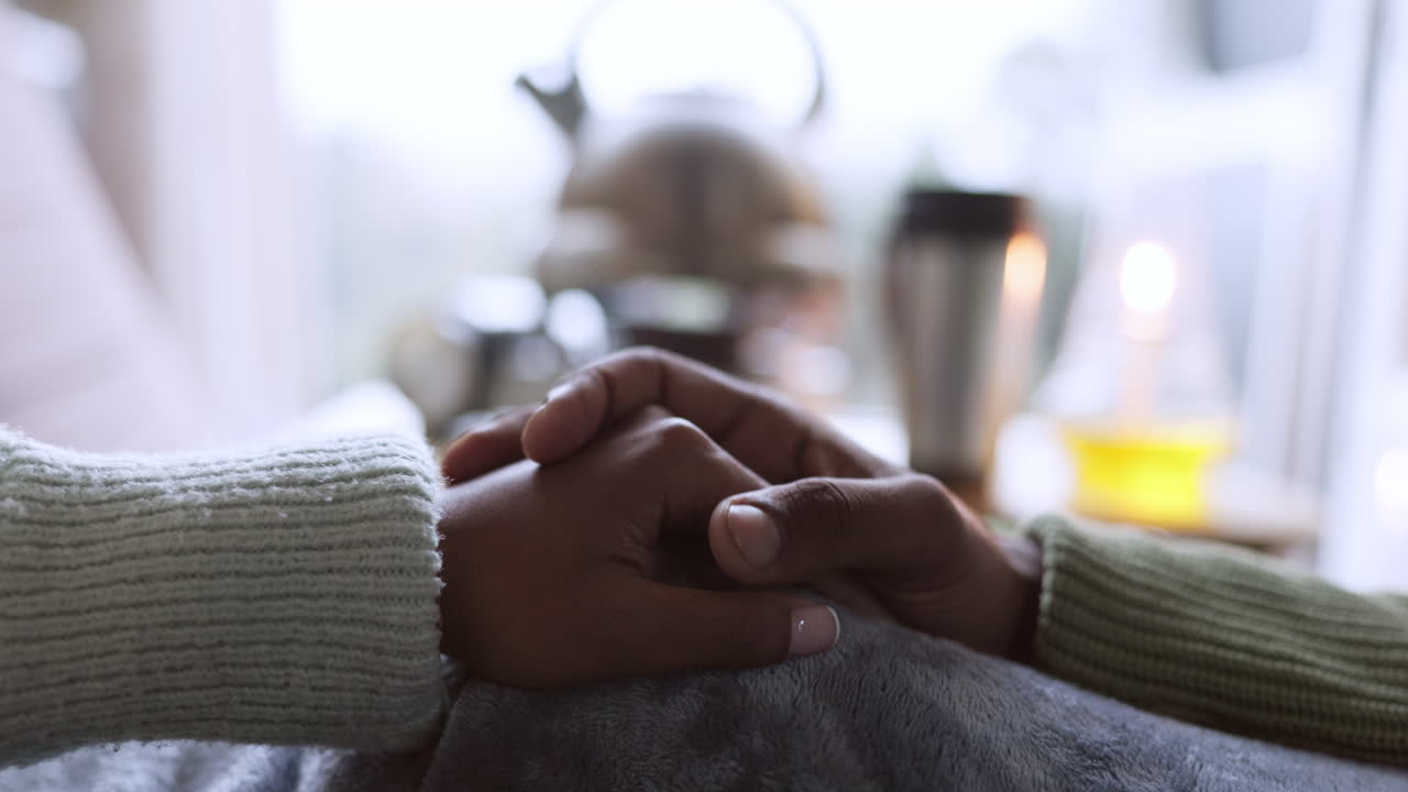 Closeup people, touch and holding hands for love