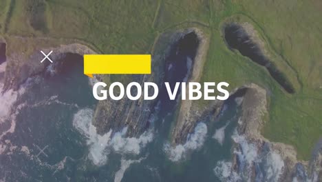 animation of the words good vibes written in white over aerial timelapse clouds over countryside