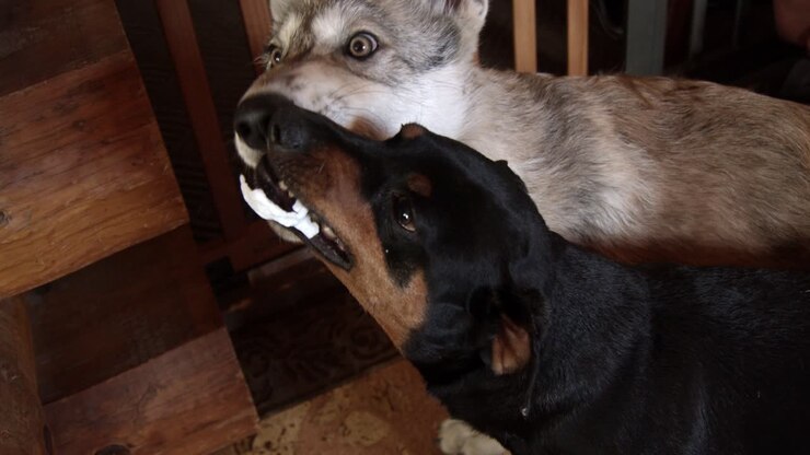 Small dog sharing rawhide with a gray wolf pup