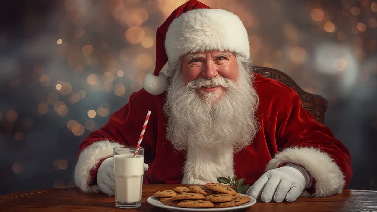Recording starting with Santa Claus nodding, leaning at table, preparing to enjoy cookies and milk