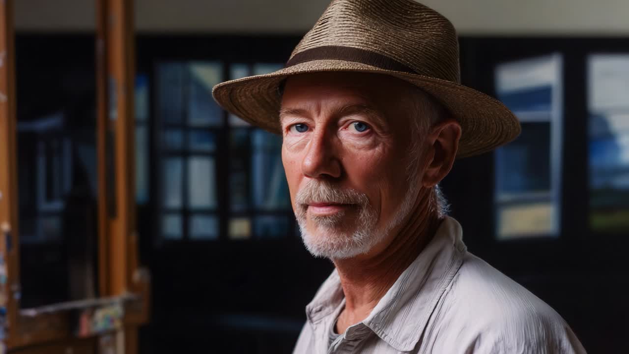An Introspective Portrait of a Mature Artist in a Studio, Capturing His Thoughtful Expression and Unique Style with a Straw Hat, Set Against an Artistic Backdrop of Vibrant Colors and Textures