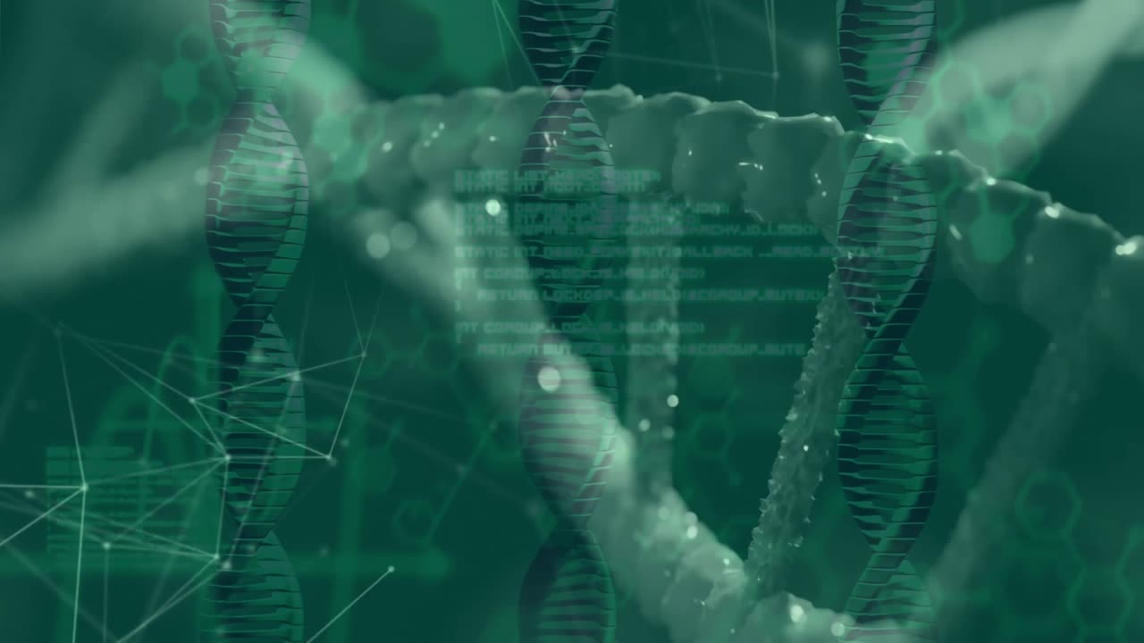 Opening frame showing DNA helix rotating clockwise focusing blurred strand and visualizing overlays