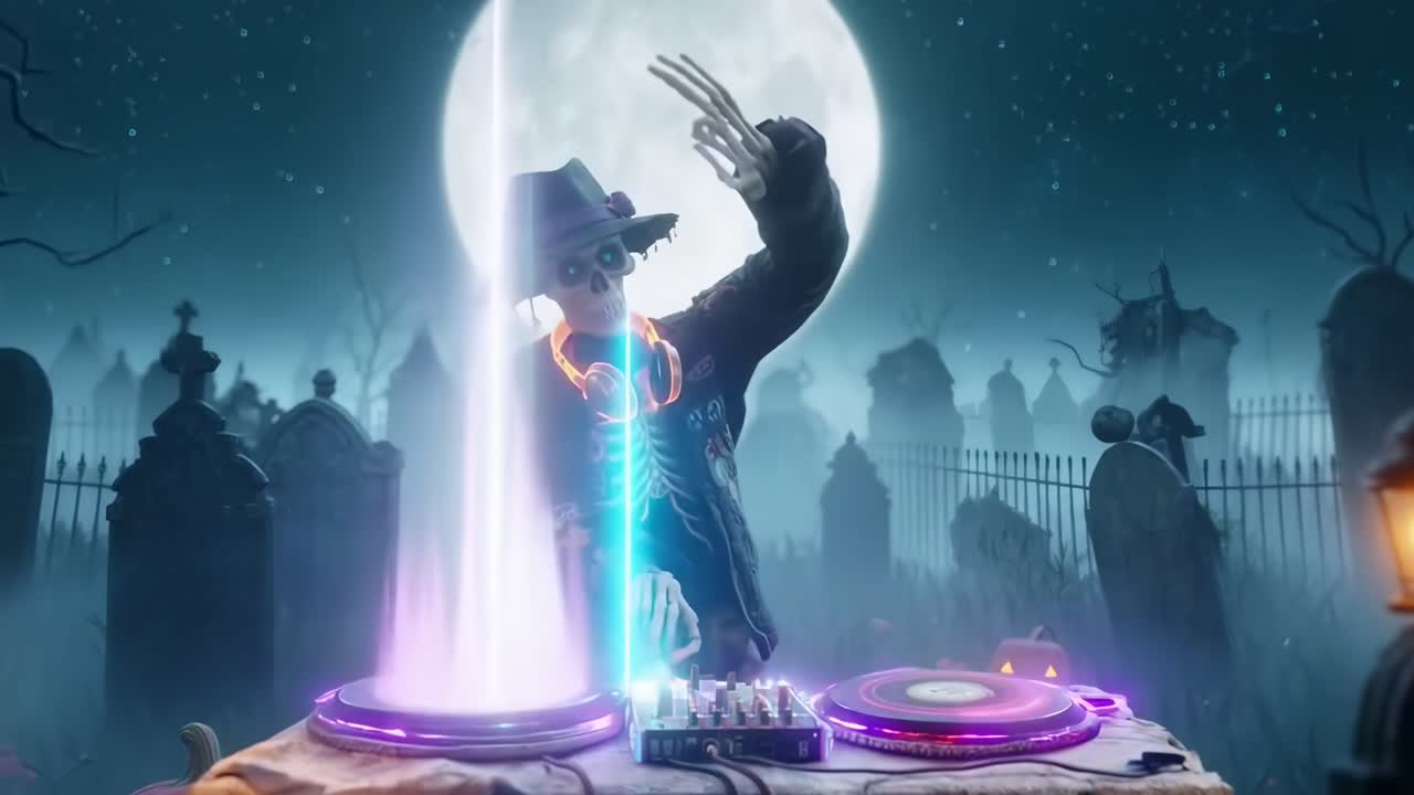 DJ scheletro animato con luci al neon che si esibisce in un cimitero spettrale