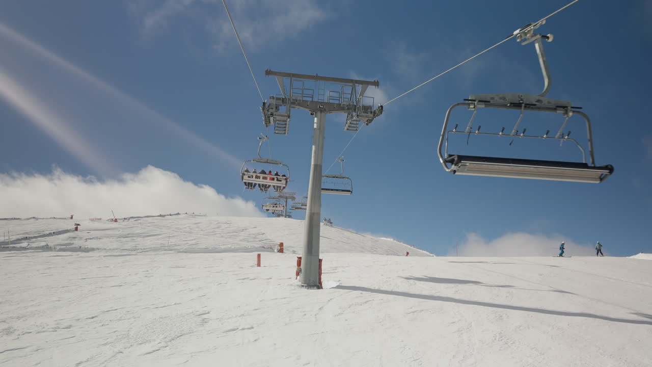 Impianto di risalita che sale su un pendio montano innevato in una giornata di sole
