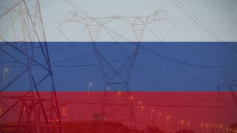 animation of flag of russia over electricity pole and traffic at sunset