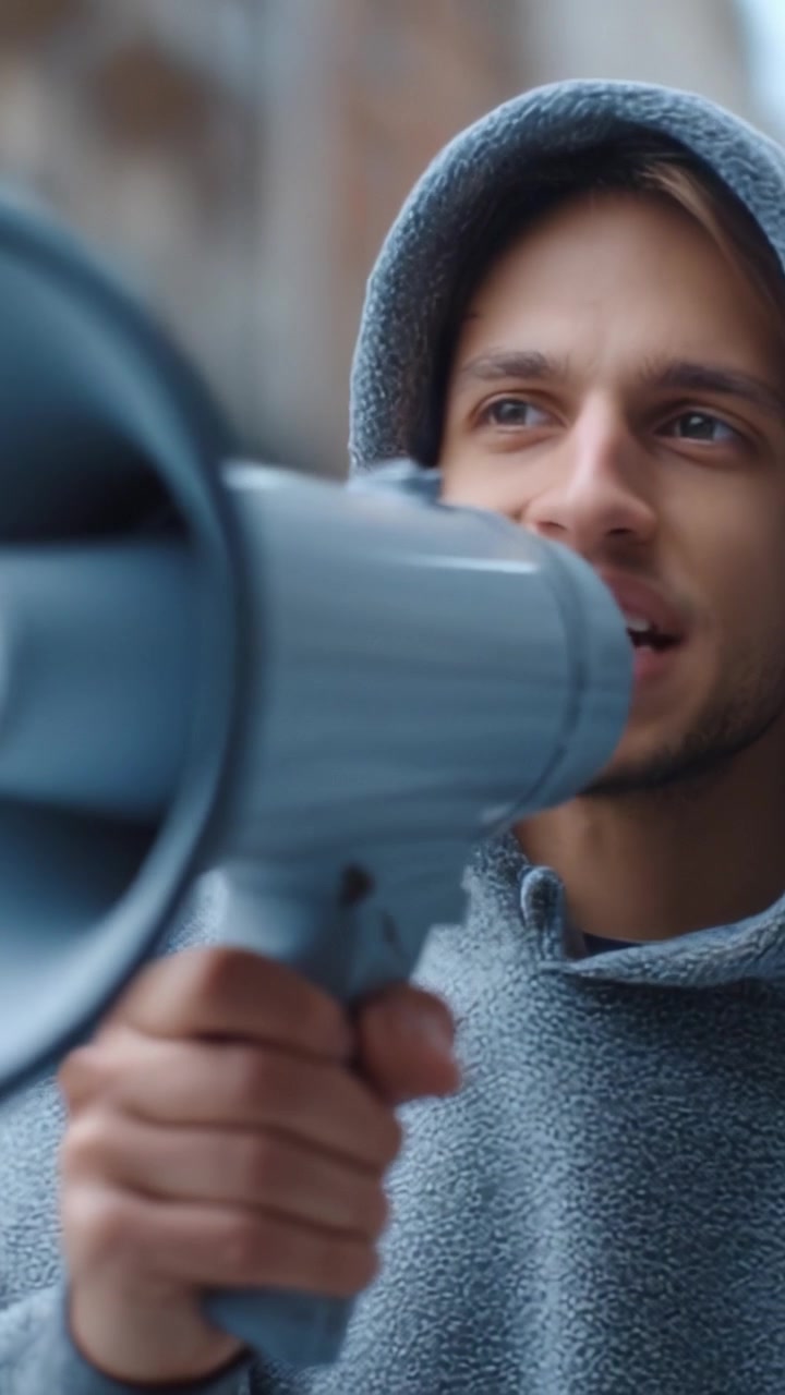 Primo piano intenso di un giovane uomo con una felpa grigia con cappuccio che tiene un megafono, trasmettendo passione e urgenza mentre si rivolge a un pubblico o a una causa.